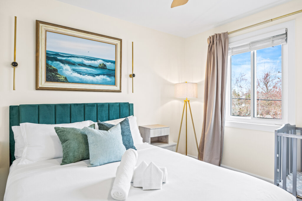 Comfortable bedroom inside furnished rental in Old Town Alexandria VA